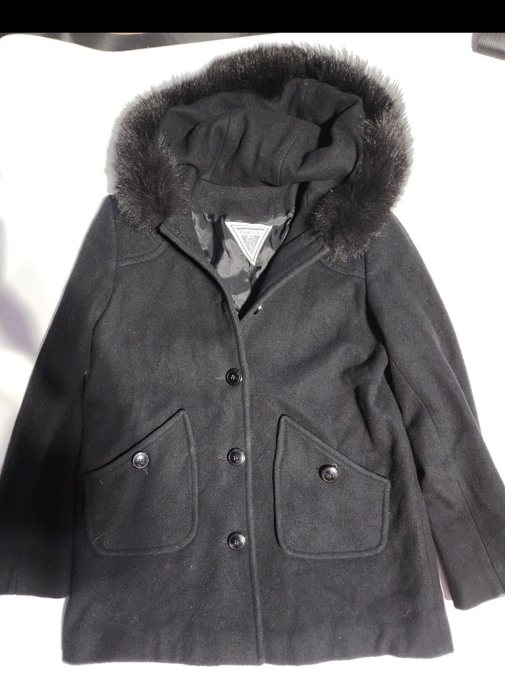 Marvin Richards Black Hooded Wool Pea Coat with Faux Fur Trim